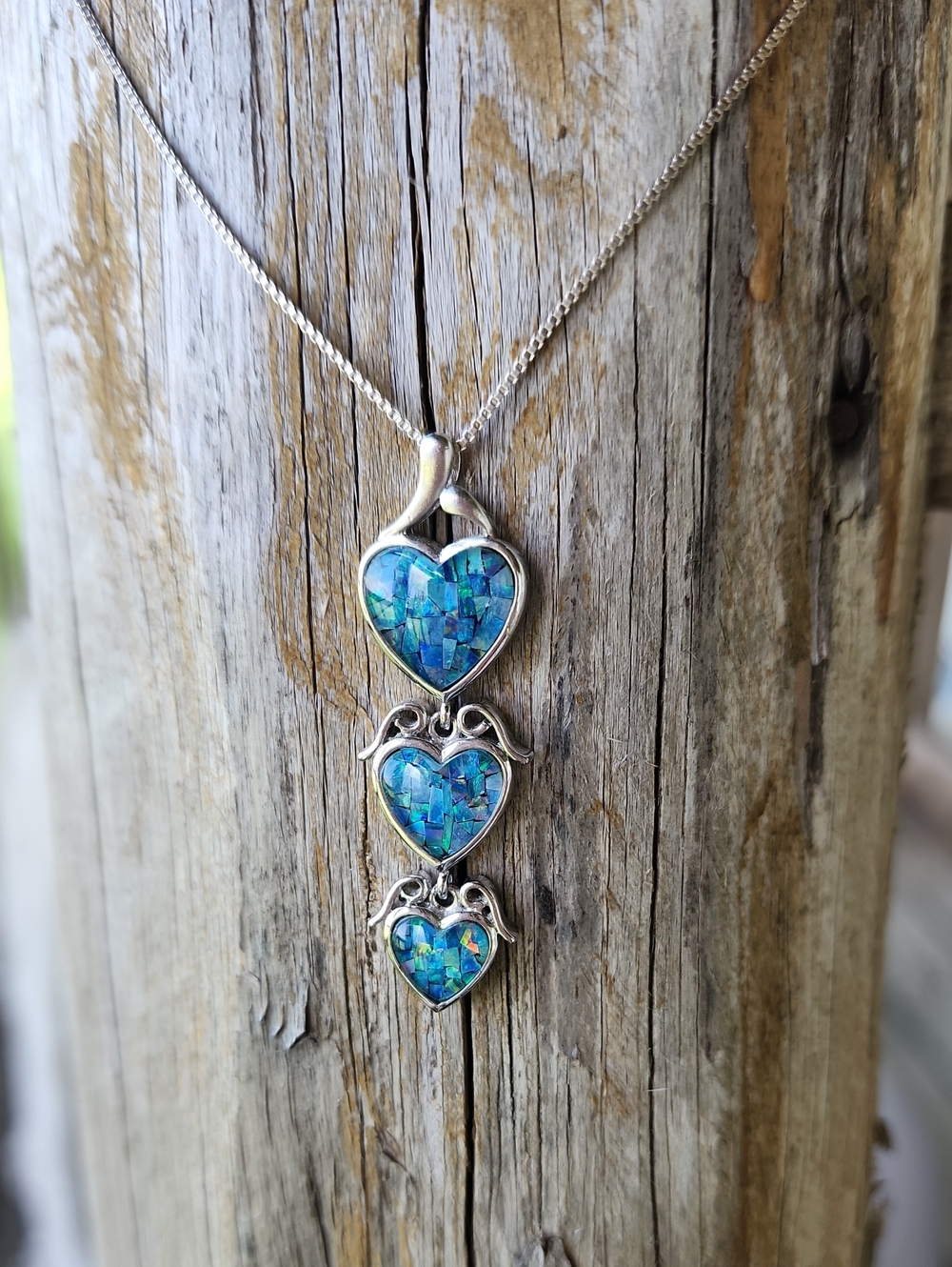 Sterling Silver Triple Heart Blue Opal Mosaic Pendant Necklace